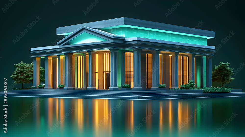 Poster modern building with columns and a reflection in water