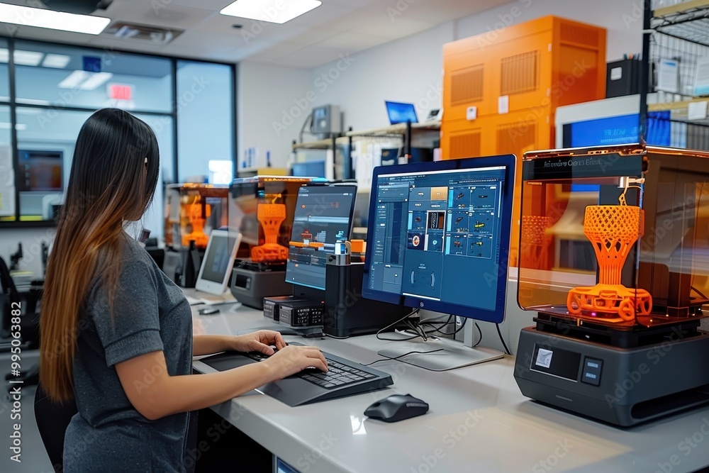 Poster a woman is working on a computer at a desk with several monitors