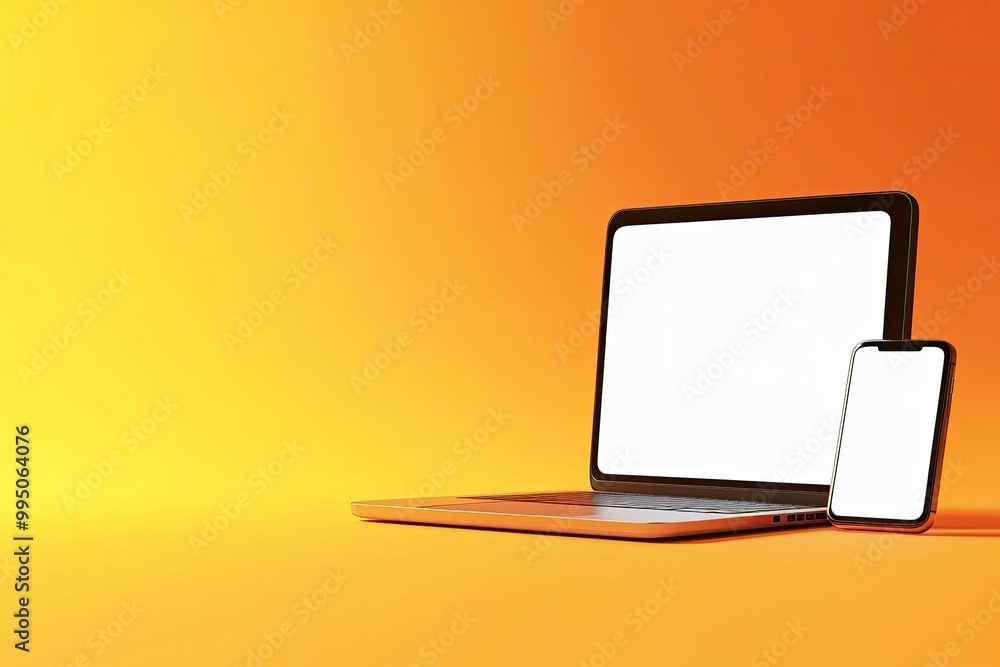 Poster laptop and smartphone isolated on yellow and orange gradient background. 3d rendering of laptop with