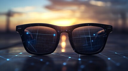 Stylish sunglasses reflecting a digital landscape against a sunset backdrop.