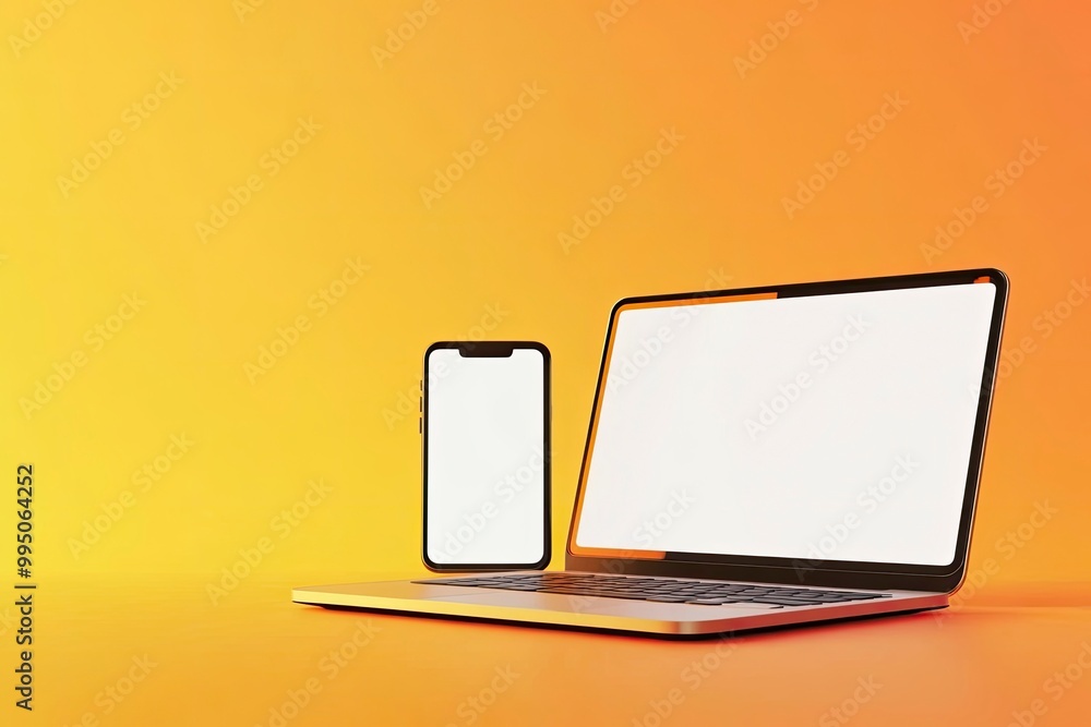 Poster laptop and smartphone isolated on yellow and orange gradient background. 3d rendering of laptop with
