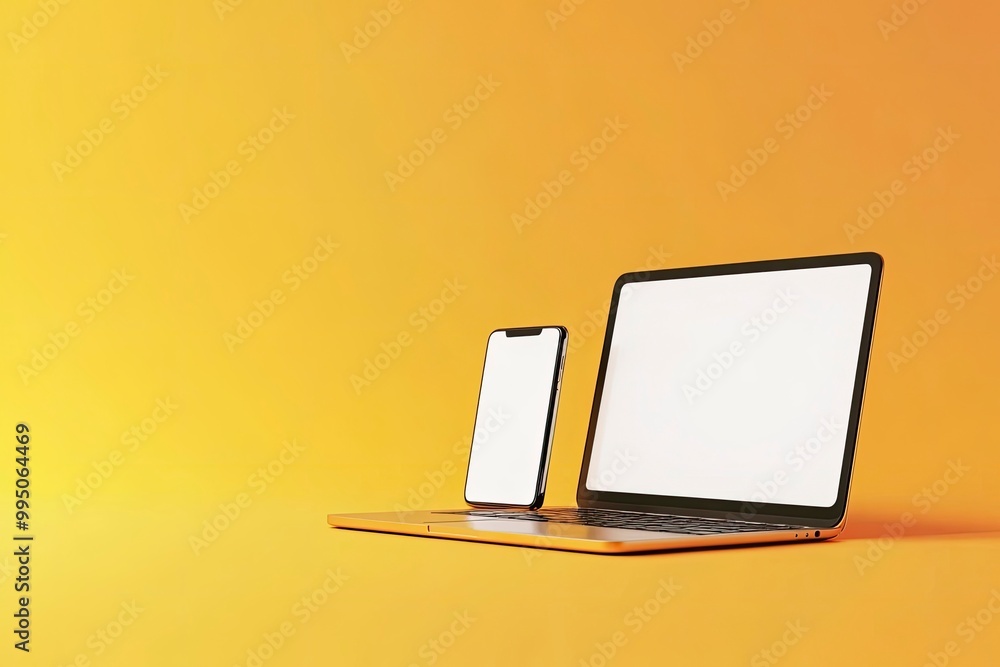 Poster laptop and smartphone isolated on yellow and orange gradient background. 3d rendering of laptop with