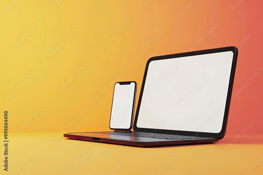 Fototapete laptop and smartphone isolated on yellow and orange gradient background. 3d rendering of laptop with