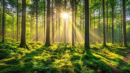 Fototapeta premium Sunlight filtering through a lush forest, creating a serene and magical atmosphere.