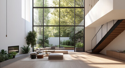 A modern, open-plan living room with large windows and a wooden floor. The space has a double-height ceiling, with one level above the rest of the house