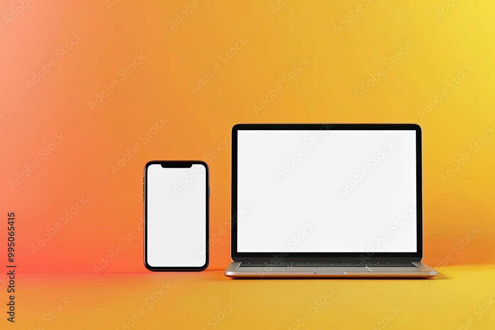 Poster laptop and smartphone isolated on yellow and orange gradient background. 3d rendering of laptop with