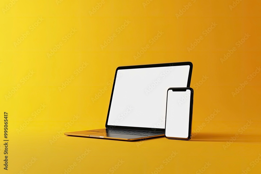 Poster laptop and smartphone isolated on yellow and orange gradient background. 3d rendering of laptop with