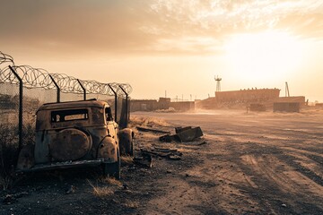 An abandoned car rests in a desolate landscape, with a barbed wire fence and a distant structure under a hazy sunset.