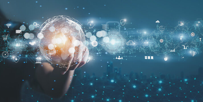 A woman's hand touches a globe containing a large data collection source, cloud computing online connects big data analytics, Personal information, intelligence data storage, data protection concept.