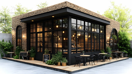 Fototapeta premium Modern Cafe Design: Brick Exterior with Glass Walls and Outdoor Seating