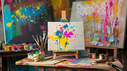 Vibrant Creative Workspace with Paint Splatters