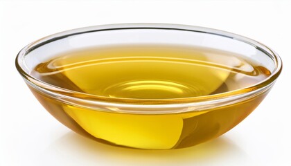 Glass Bowl of Yellow Oil on White Background