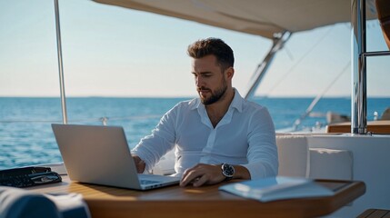 A man working on a laptop aboard a yacht, enjoying the serene sea view in a sunny environment, combining work with leisure.