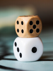 One plastic and one wooden die