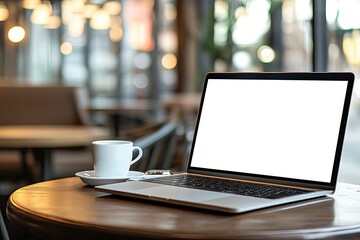 Laptop computer blank white screen and mobile on table in cafe .generative ai