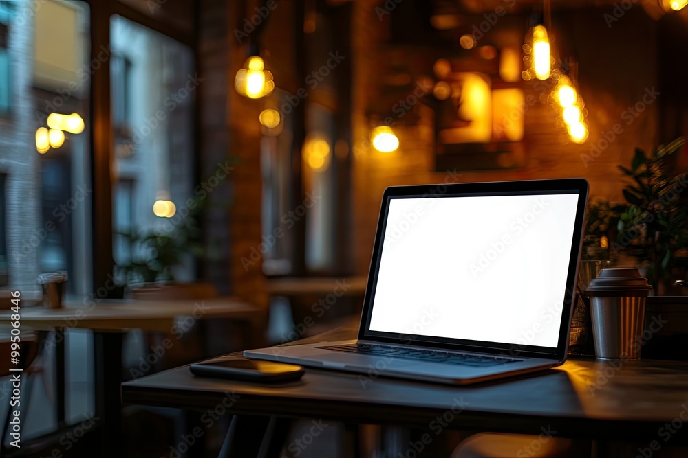 Poster laptop computer blank white screen and mobile on table in cafe .generative ai