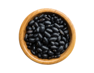 black beans in wooden bowl, top view, flat lay, isolated transparent background, png