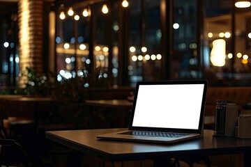 Laptop computer blank white screen and mobile on table in cafe .generative ai