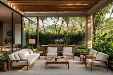 A modern outdoor seating area with wooden furniture, white sofas, and beige chairs under a covered deck.