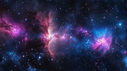 Naklejka premium A stunning cosmic view features twinkling stars and vibrant nebulae against a deep blue canvas.