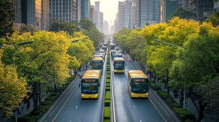 Urban landscape with yellow buses on a tree-lined street during golden hour.