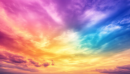 Obraz premium A dreamy sky transitioning from a golden sunset to a full spectrum of rainbow colors, giving off a vibrant yet calming feel