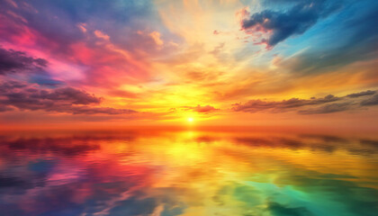 Fototapeta premium A dreamy sky transitioning from a golden sunset to a full spectrum of rainbow colors, giving off a vibrant yet calming feel