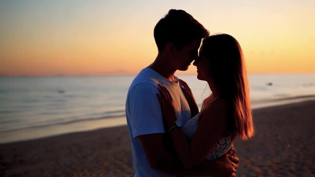 Happy romantic couple watching the sunset on the beach, perfect for illustrating romance or tranquility concepts.
