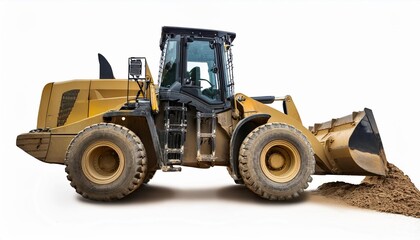 Yellow Front Loader Excavator  with Large Tires Digging Sand on White Background