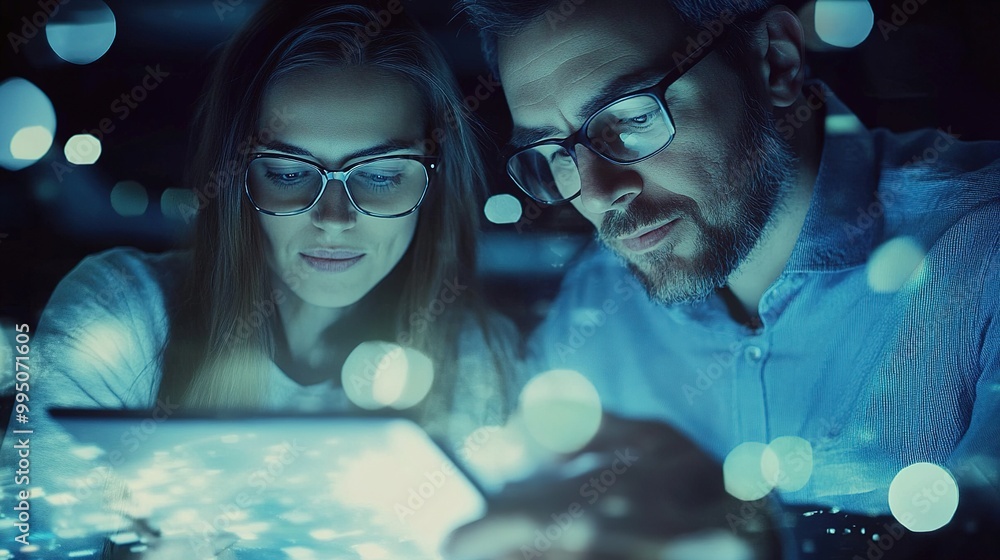 Poster two individuals analyze data on a screen, illuminated by soft lighting, engrossed in their work with