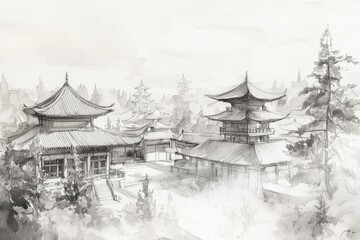 An ink wash depiction of the White Horse Temple, with its serene courtyards and towering pagodas rendered in soft, flowing lines