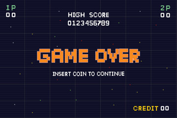gameover.Pixel art background.8 bit game. retro game. for game assets in vector illustrations. Retro Futurism Sci-Fi Background. glowing neon grid. and stars from vintagsynwap table1 start new
