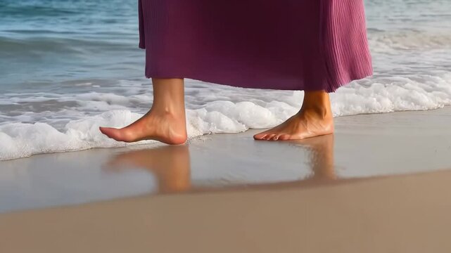 Closeup side view of woman legs walking on wet shoreline sand barefoot along a beautiful beach.