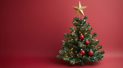 3d render gold star topper on x- mas tree with red ornaments, twinkling holiday lights, Christmas backdrop