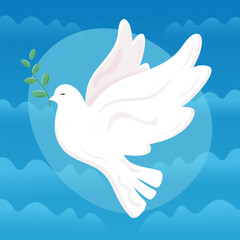 Vector white dove of peace with a green branch in the clouds on a blue background. Symbols of peace and freedom. International Peace Day banner card design