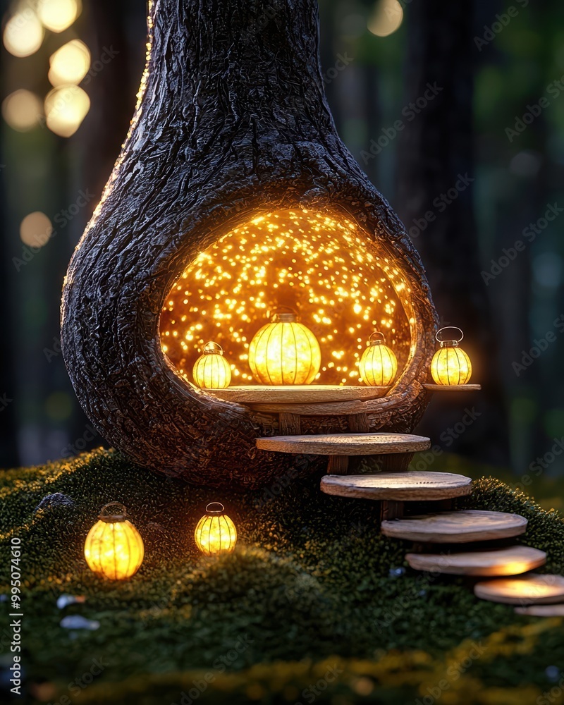 Poster a magical tree house illuminated with soft glow orbs, creating an enchanting ambiance in a serene fo