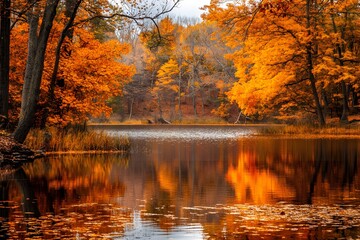 Obraz premium Autumn Lake View Surrounded by Colorful Trees