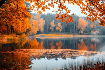 Fototapeta premium Serene Autumn View Over Calm Lake Surrounded by Trees
