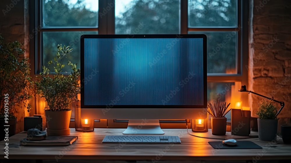 Poster a serene workspace with a computer and plants, illuminated softly.