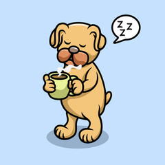 cute pug dog drink coffe cartoon illustration vector