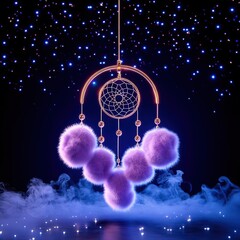 A purple dream catcher adorned with fluffy pom-poms, set against a starry night background, exuding a mystical ambiance.