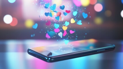 A smartphone displays colorful heart icons above it, symbolizing digital affection and connection in a vibrant, festive setting.