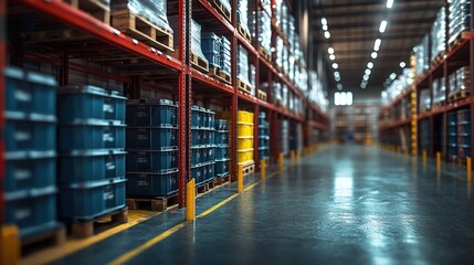 Warehouse interior with stacked barrels and organized shelving.