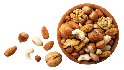 Mixed nuts in wooden bowl, isolated on transparent background, png flat lay