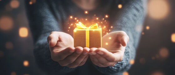 A glowing gift box is presented in open hands, surrounded by sparkling lights, symbolizing joy and celebration.
