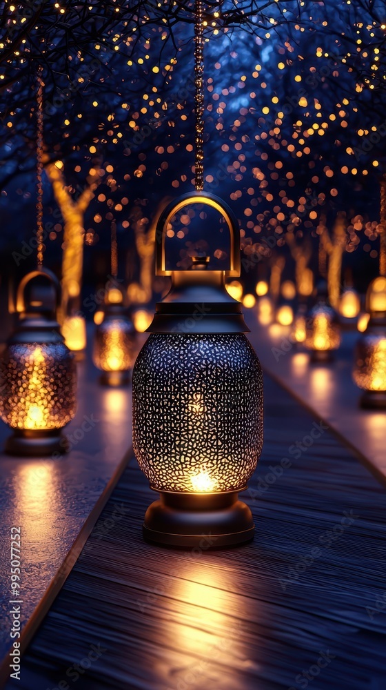 Poster enchanting lanterns illuminate a serene path under a starlit sky, creating a magical atmosphere and 