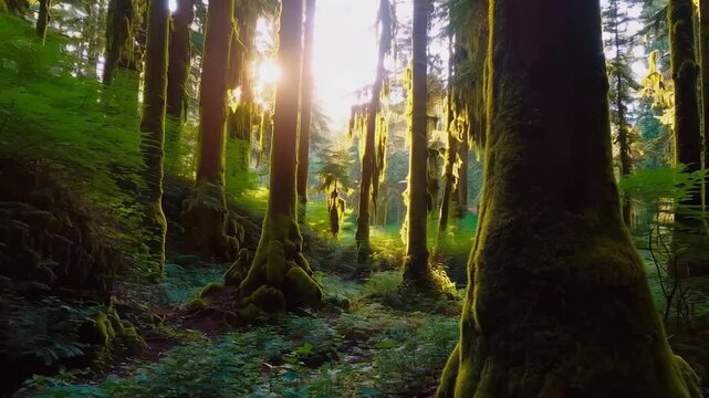 Tranquil and serene sunlit mossy forest. Filtered sunlight. Peaceful tranquility. The eco-friendly woodland environment.
