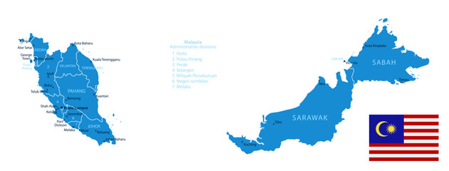 Obraz premium Malaysia - detailed blue country map with cities and regions. Vector illustration.