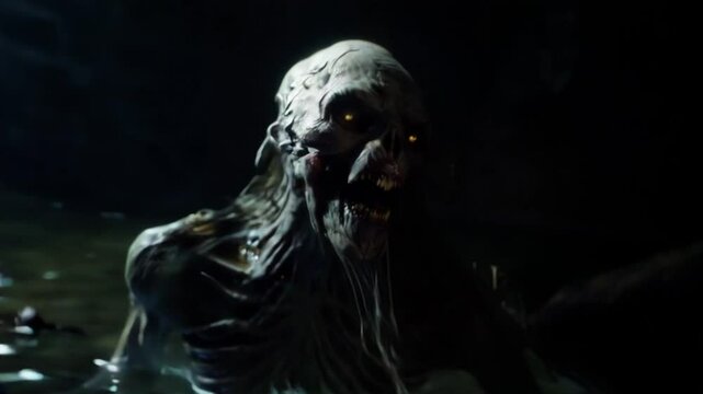 evil swamp creature monster breast, green and slimy, roars and twists its face in anger. Horror themed video with gross evil horror vibes, halloween style fear, glowing yellow eyes.