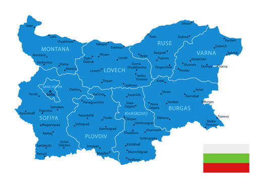 Bulgaria - detailed blue country map with cities and regions. Vector illustration.
